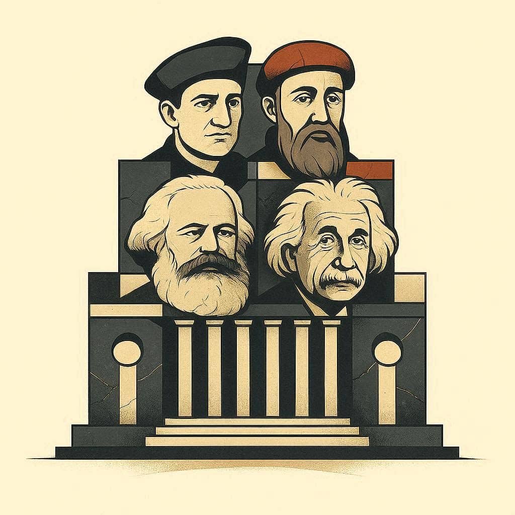 Four stylized historical figures with beards on a stepped, columned pedestal in a geometric illustration, set against a pale background.