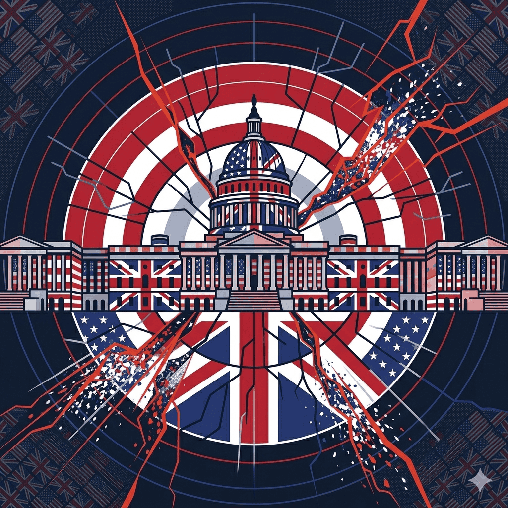 Patriotic illustration of the U.S. Capitol with a cracked Union Jack motif and red radial lines in a circular background.