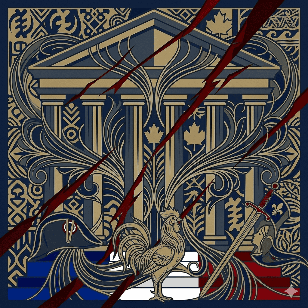 Ornate classical façade with columns and decorative patterns, a Gallic rooster on a tricolor pedestal, a sword and helmet to the right, crossed by three red diagonal slashes.