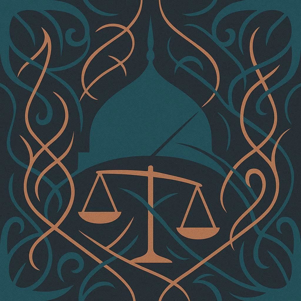 Symbolic image of balanced scales in orange with ornamental teal vines surrounding them, conveying justice or law.